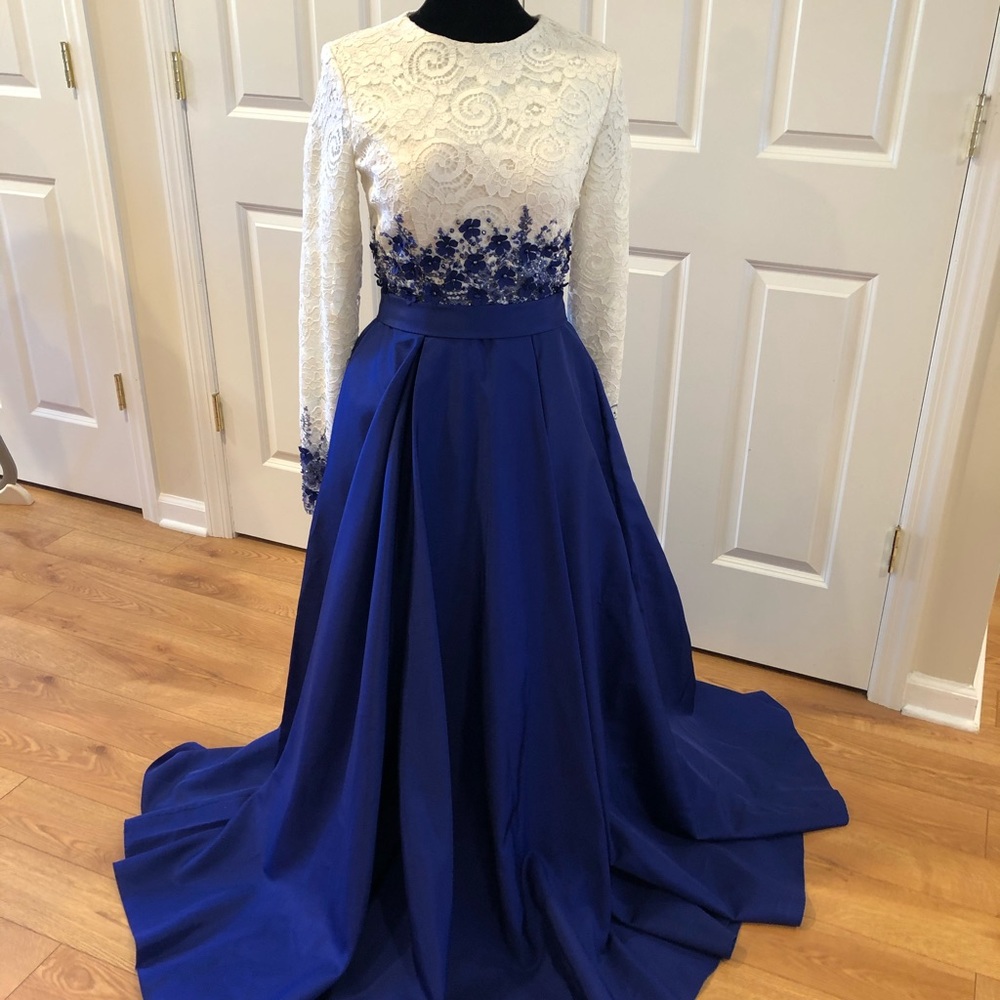 White and Blue longsleeve Beaded Gown